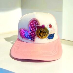 Super cute pink trucker hat with sequin patches